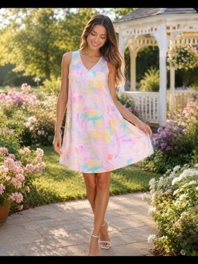 Anna Victoria Pastel Pink Yellow Watercolor V Neck Sleeveless Dress Size XS